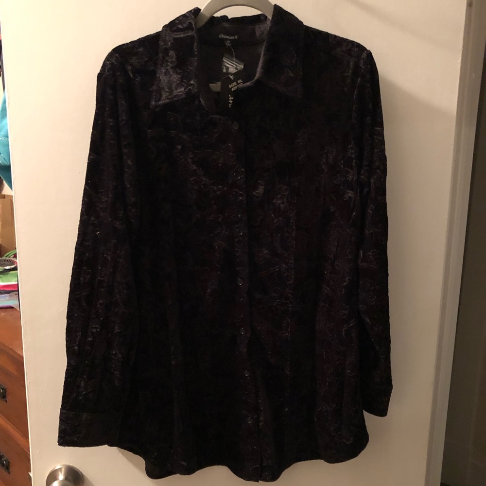Women’s Black Velvety Knit Top XL Button Down